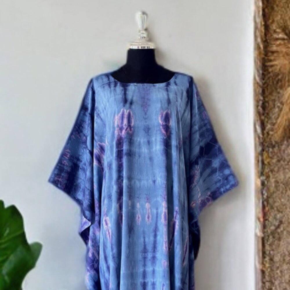Blue Acid Tie Dyed Beach Swimsuit Bathing Suit Cover Up Kaftan Dress (#29)